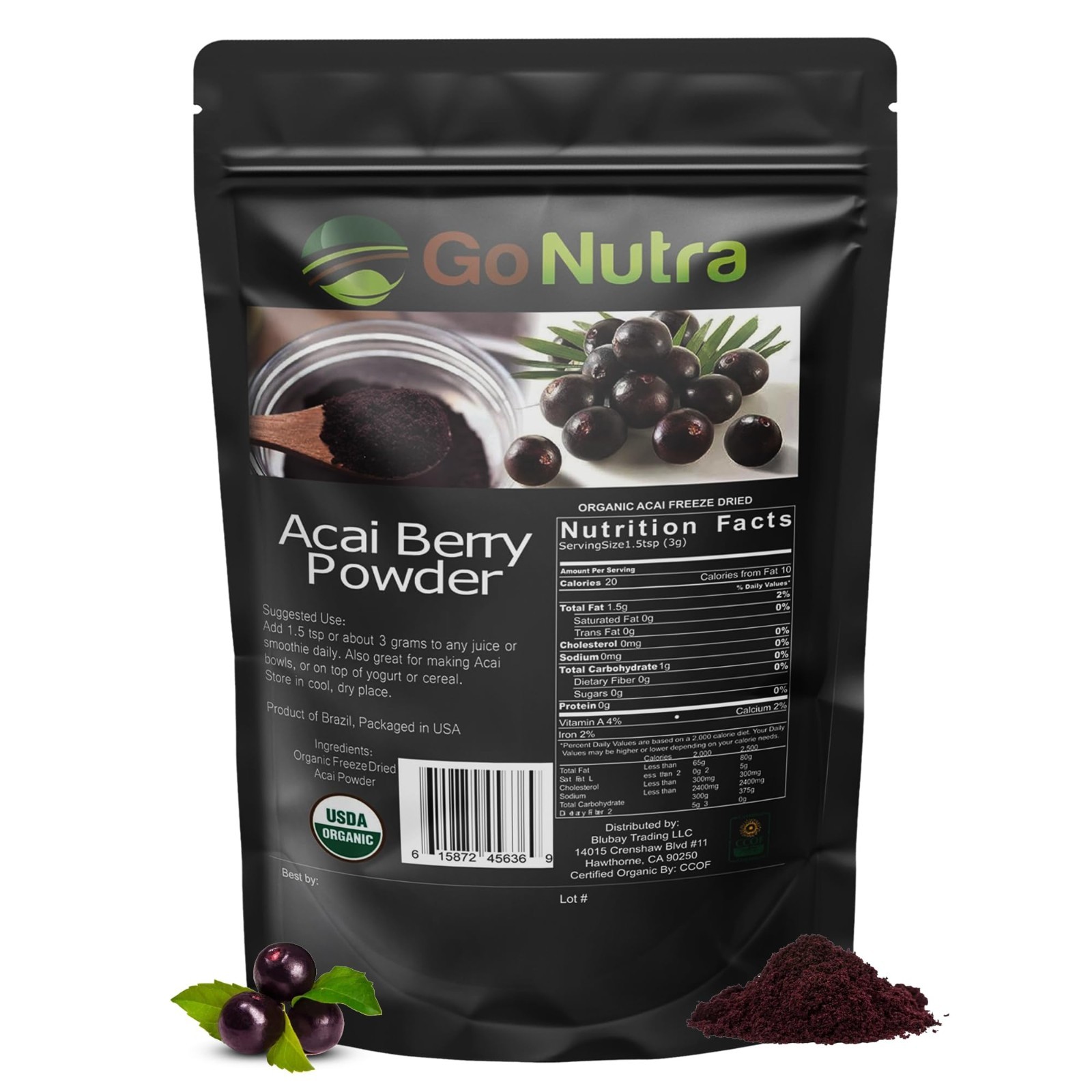 Acai Powder Organic Pure Freeze Dried Organic Acai Berry -  1 lb Bag - Go Nutra