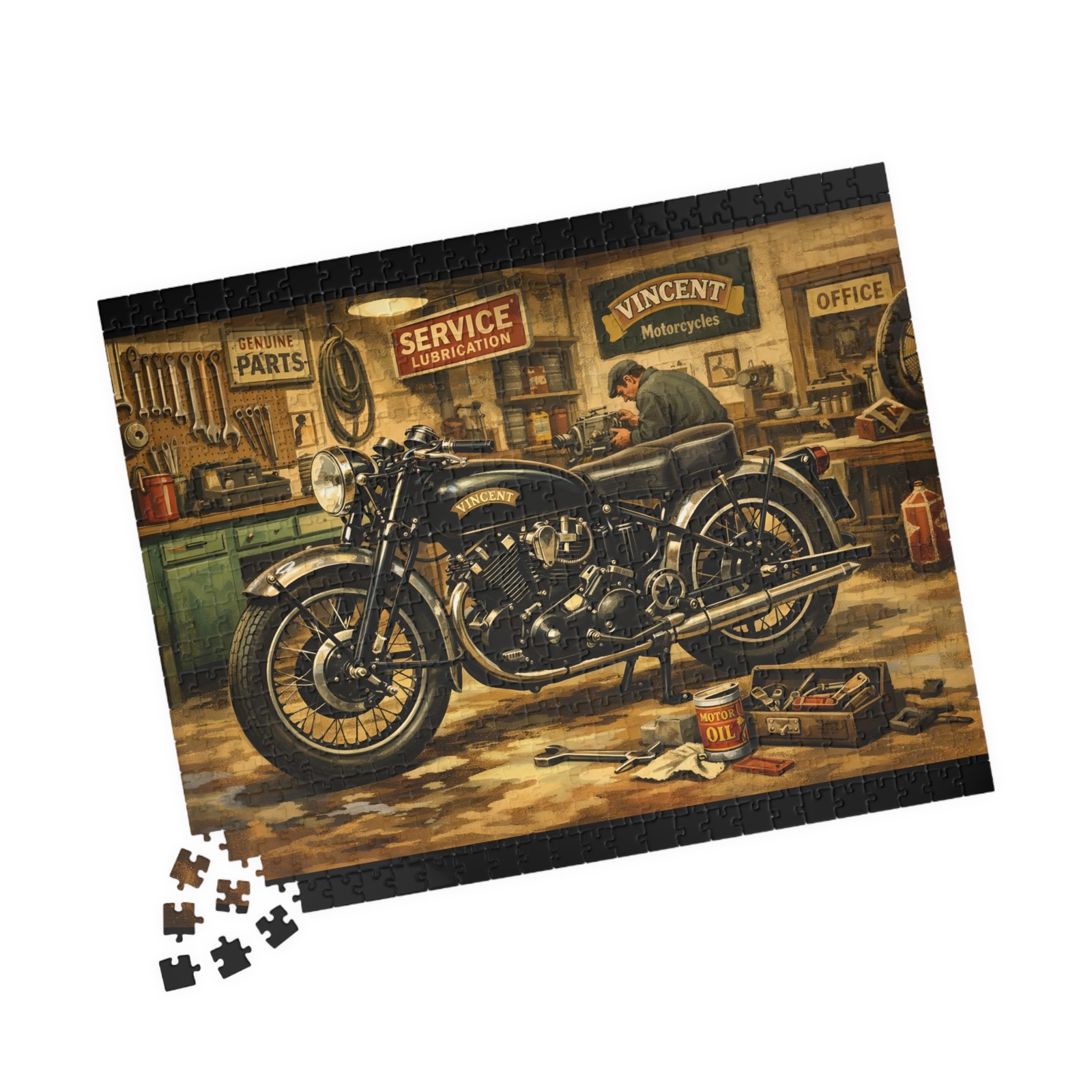 Vintage Vincent Motorcycle Puzzle | Retro Garage Scene 520pc Jigsaw