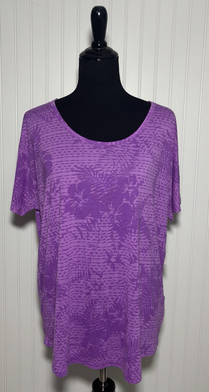 Xersion Studio Blouse Open Back Short Sleeve Floral Purple Top Womens Size Large