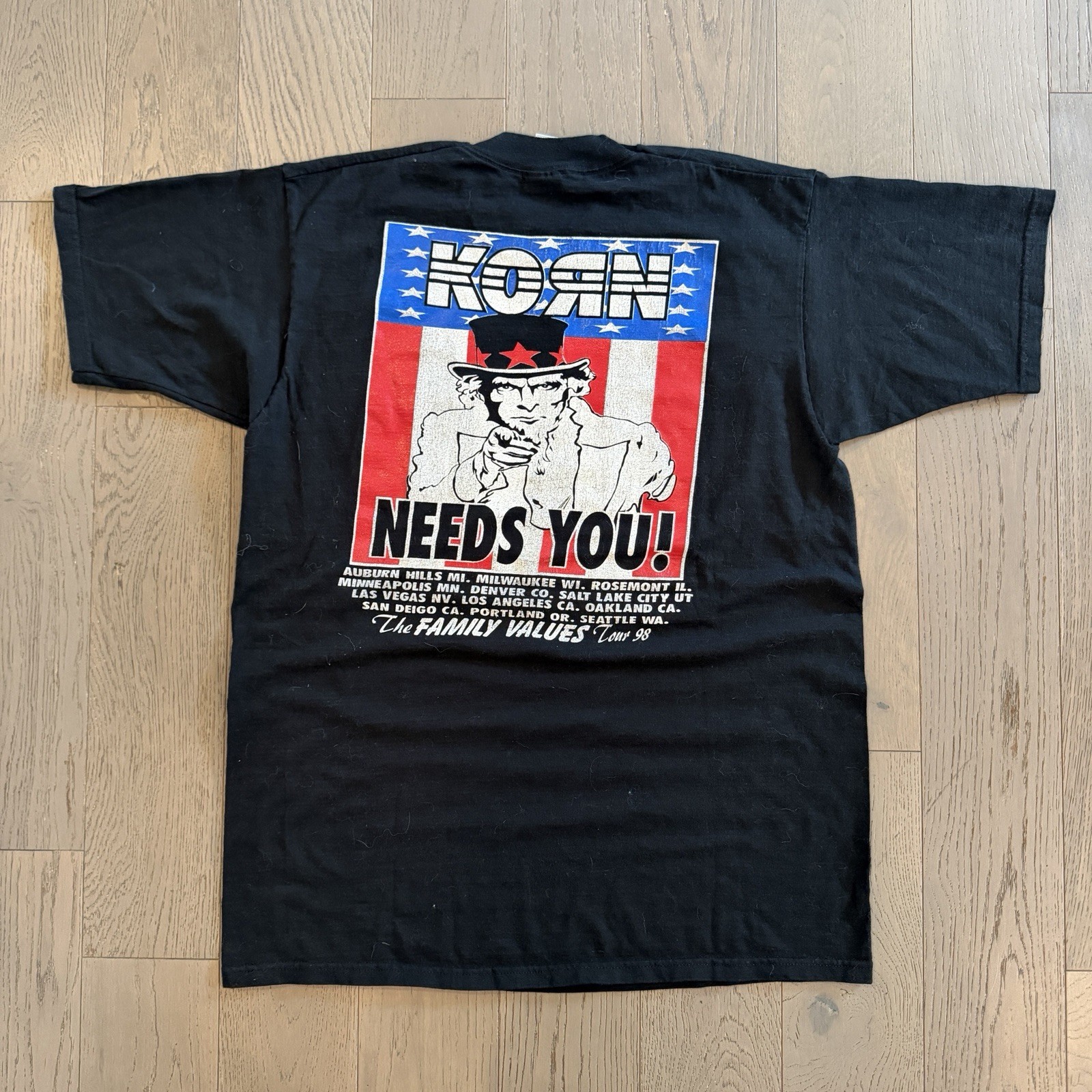 VTG 90s Korn Adidas logo Uncle Sam Blk T shirt The Family Values 1998 tour Sz XL