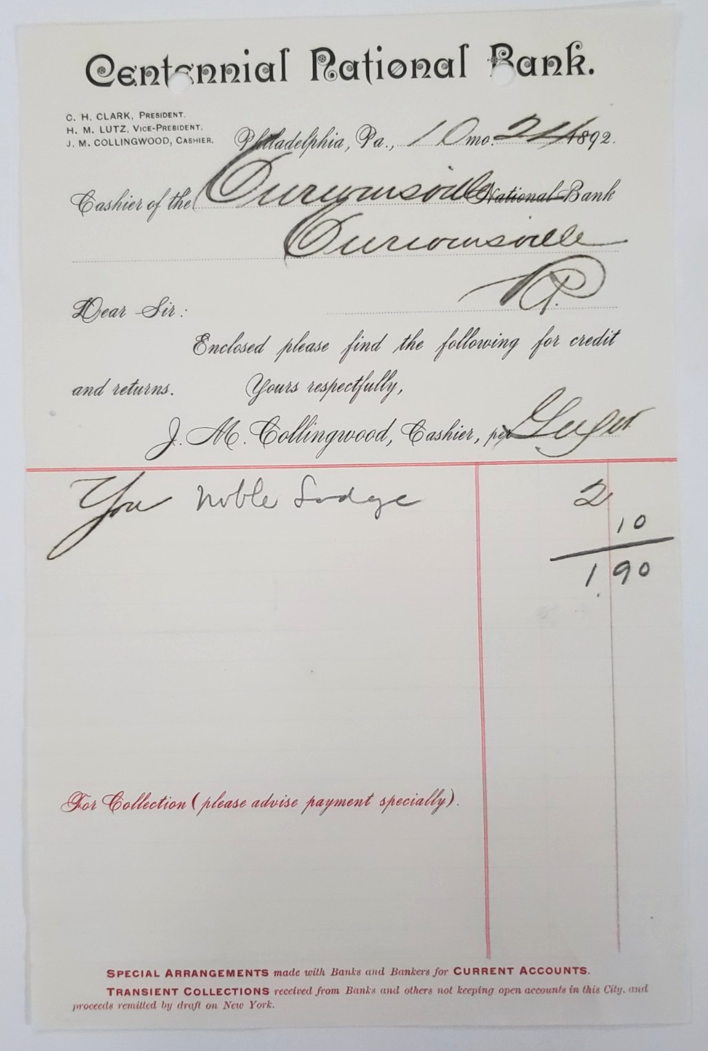 1892 Document, Centennial National Bank, Philadelphia PA, To Curwensville Bank