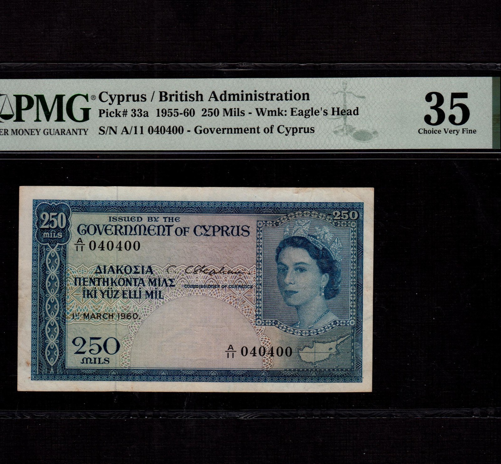 Cyprus 250 Mils 1960 P-33a * PMG VF 35 * Super Rare Date *
