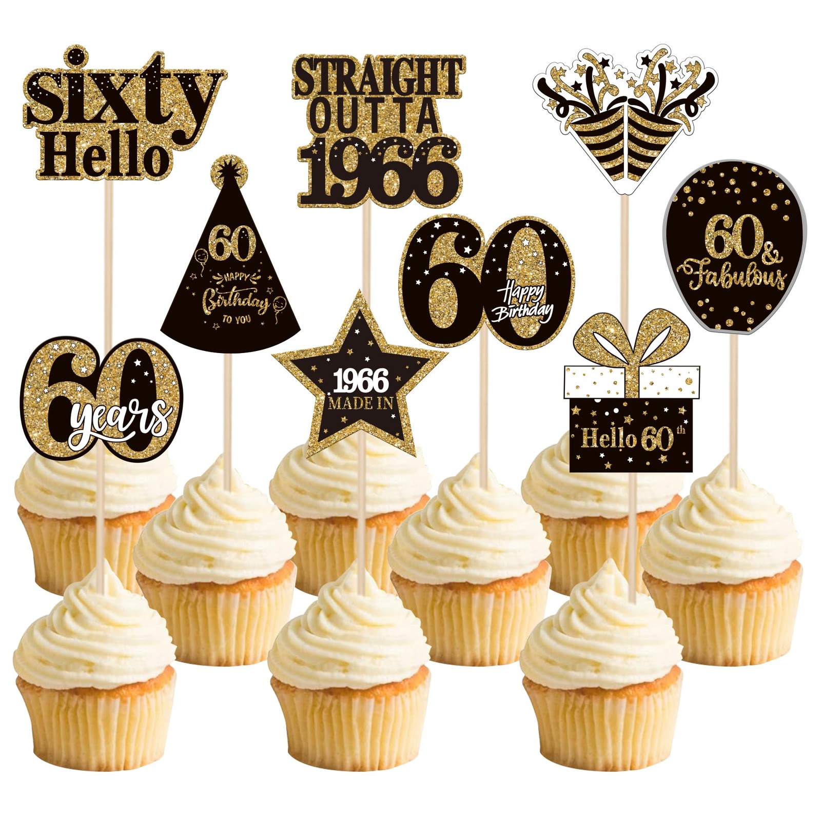 36PCS Happy 60Th Birthday Cupcake Toppers Double Sided Black Gold Sixty Hello 60