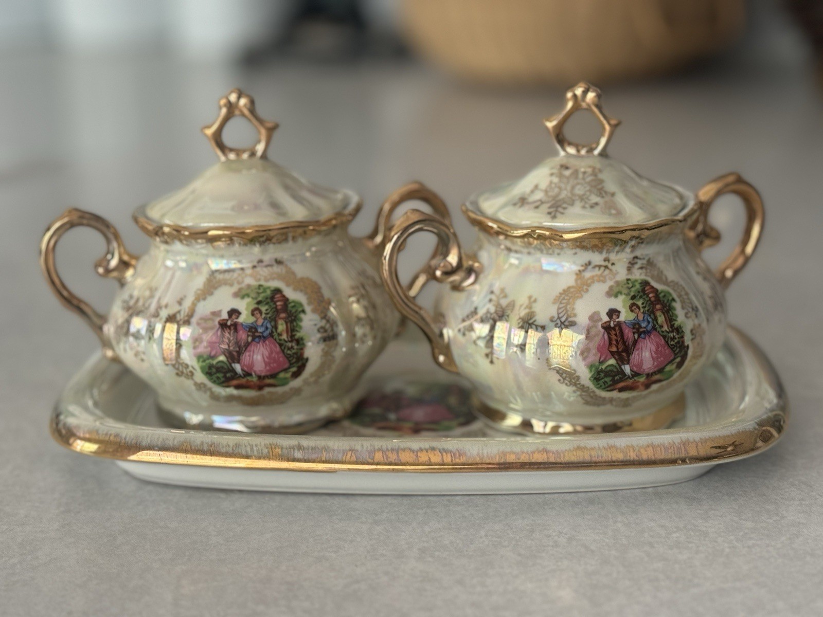 Vintage Royal China Japan Porcelain 2 Sugar Bowls with Serving Tray Gold Trim Vintage Royal China Japan Porcelain 2 Sugar Bowls with Serving Tray Gold Trim