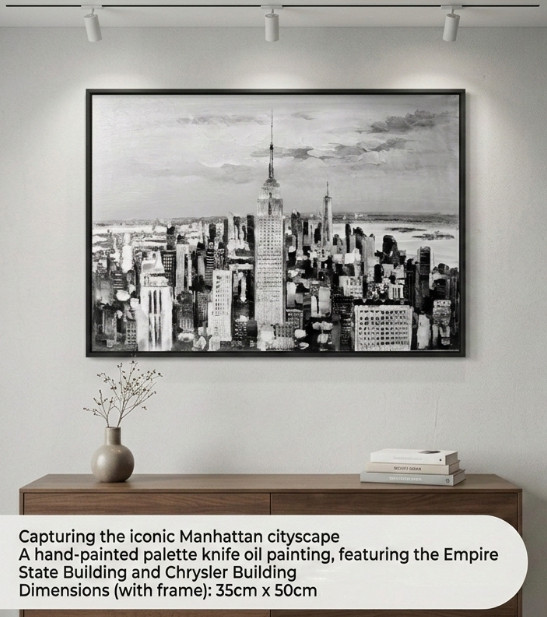 Original Empire State Building NYC Skyline Hand-Painted Style Oil Painting ART