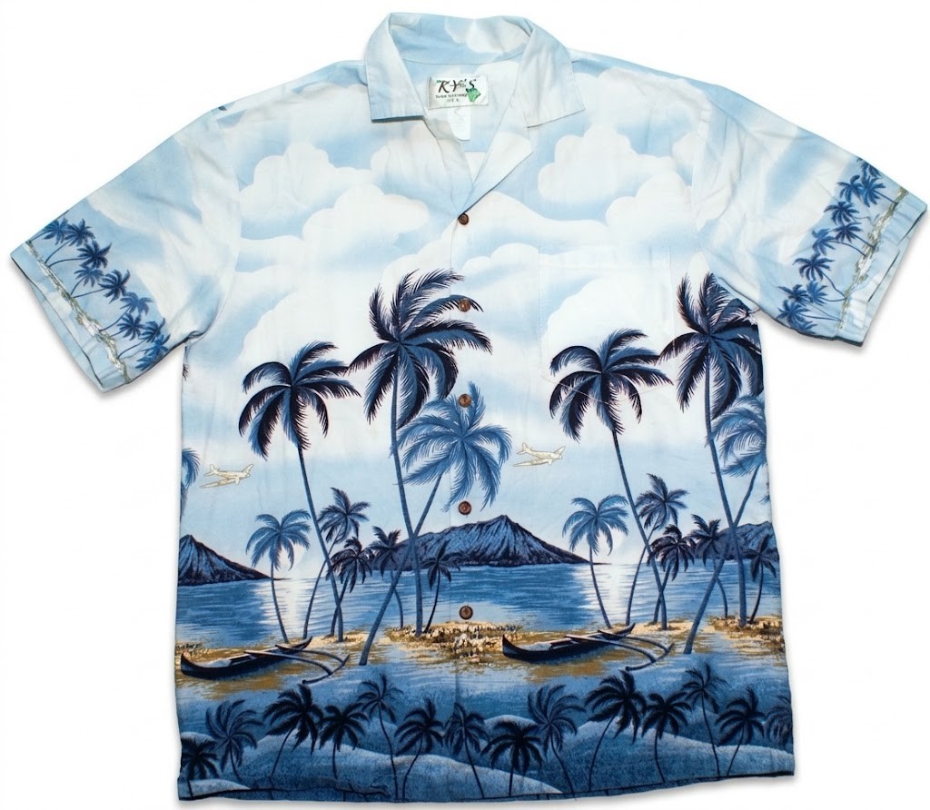 Vtg KY\'s Hawaiian Shirt Island Palms Beach Airplane, Hawaii USA Made, Medium