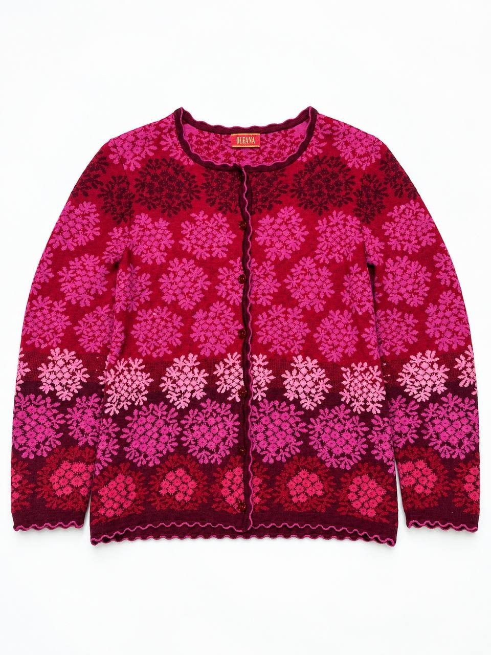 Oleana Women’s Cardigan Made in Norway 75% Merino Wool 25% Silk Floral Pink Red 