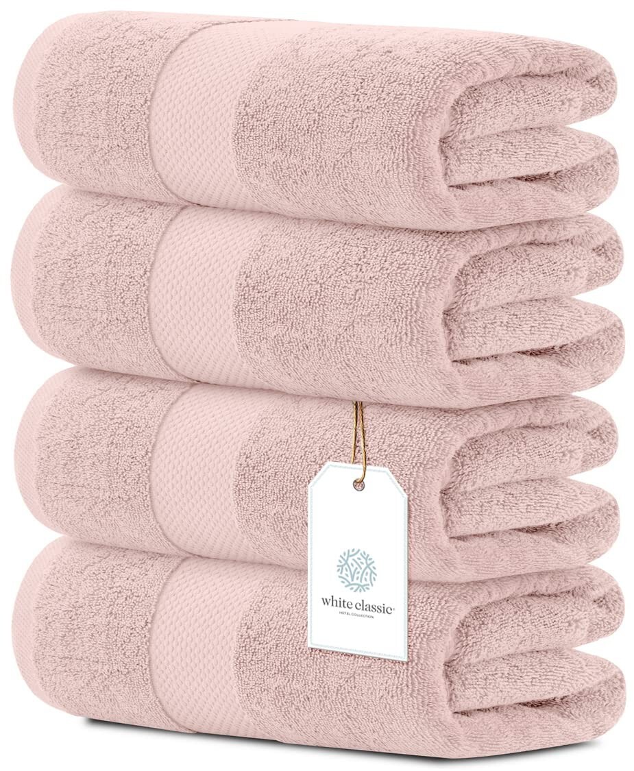 White Classic Luxury Bath Towels - Cotton Hotel spa Towel 27x54 4-Pack Pink
