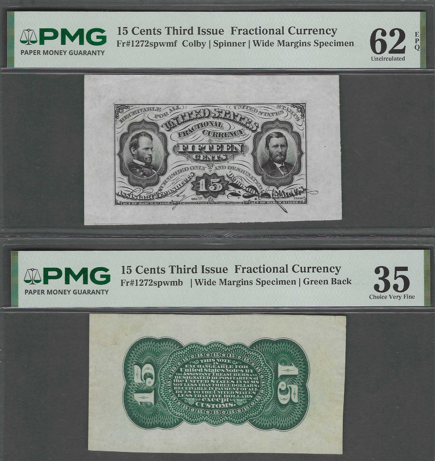 3rd Issue 15c SHERMAN/GRANT SPECIMEN with REVERSE Certified Fractional Currency
