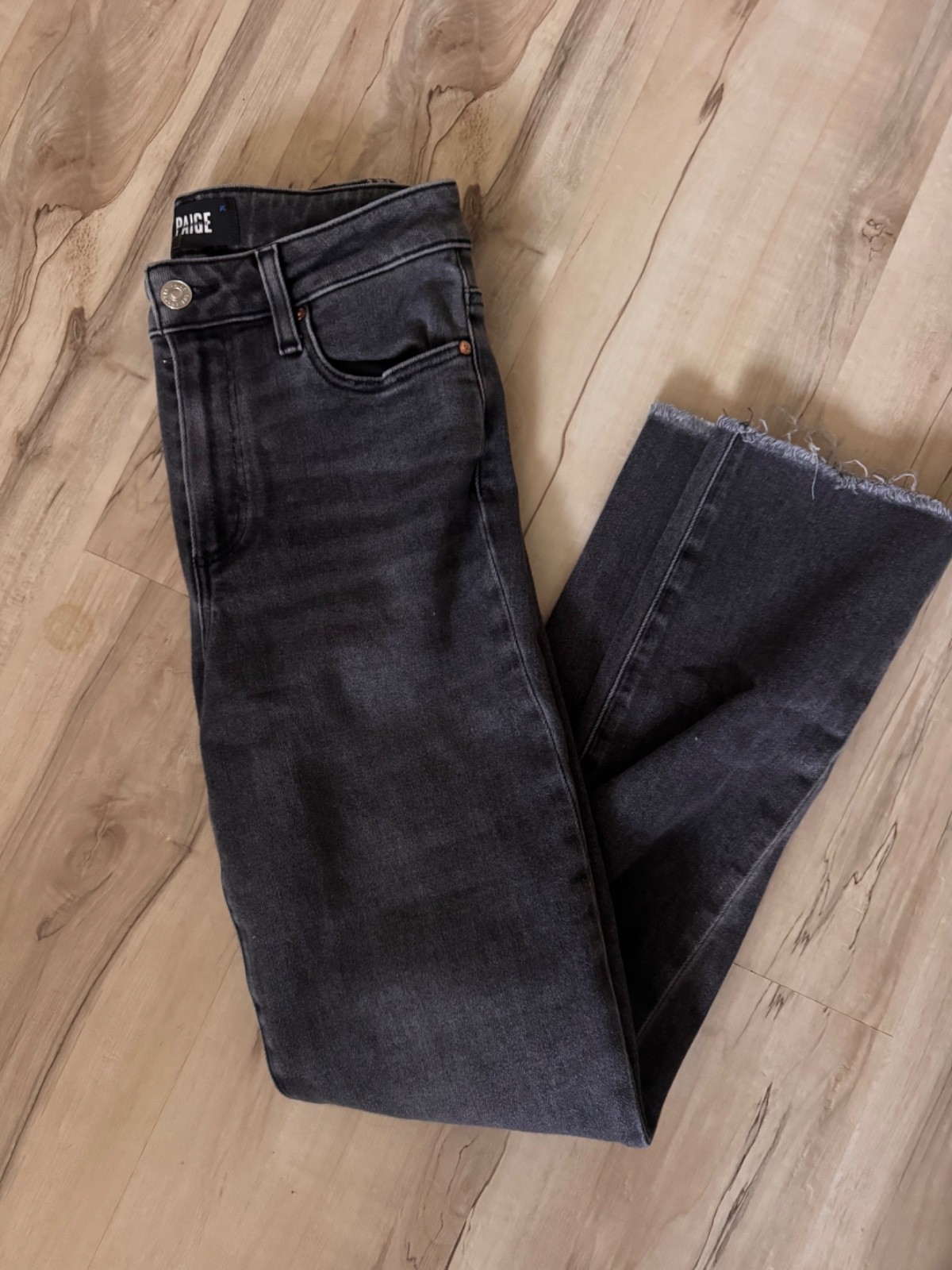 Paige Cindy High Rise Straight Leg Jeans Black Shadow Raw Hem Womens Size 27
