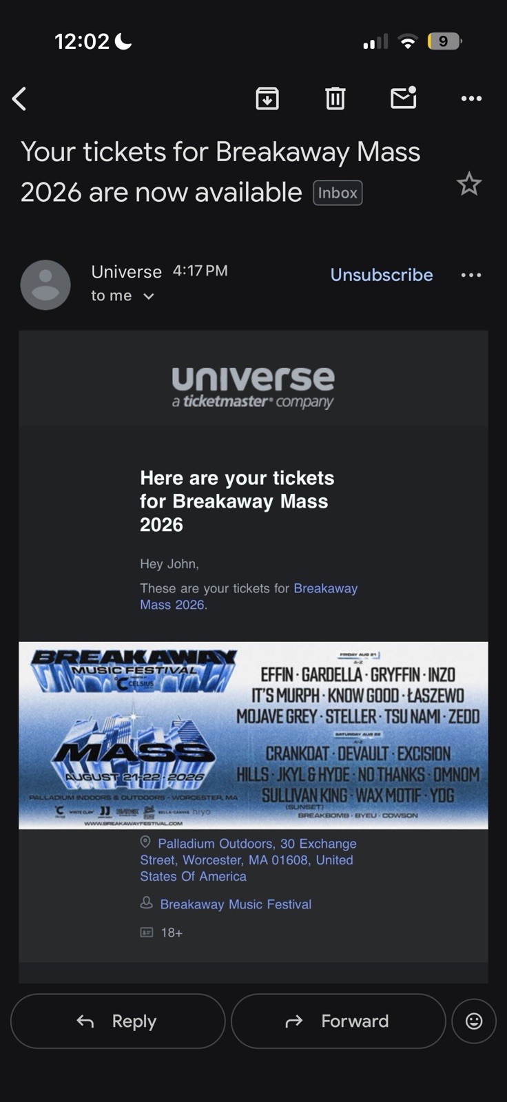 (2 tickets) Breakaway Mass 2026 2 Day GA tickets Aug 21-22, 2026 Worcester, MA