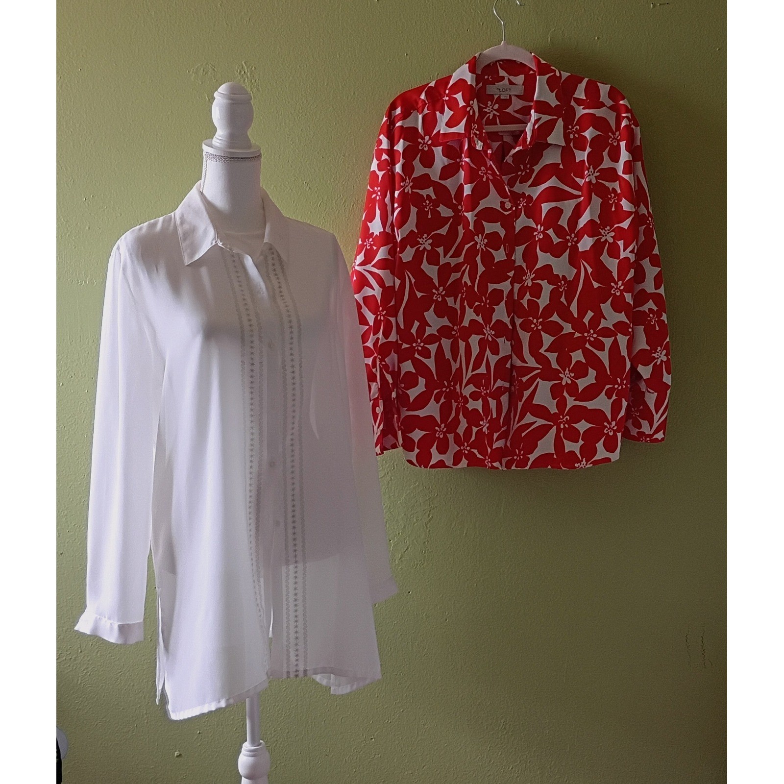 Lot 2 Literary Chic Spicey Red Floral & Etheral Fairy White Sheer Blouses 14/L