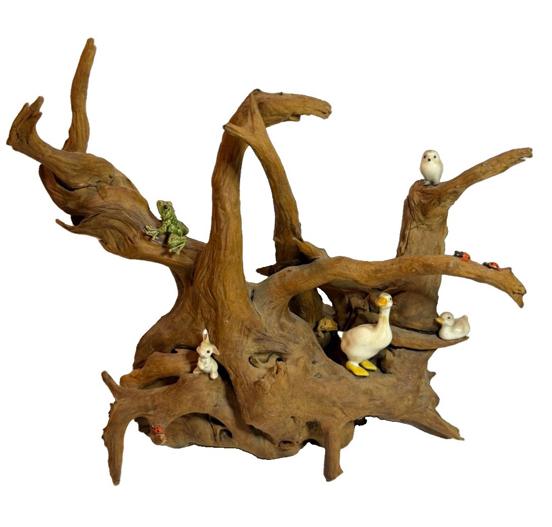 Vtg MCM Driftwood Sculpture Folk Art Birds Animals Bisque Porcelain Figurines