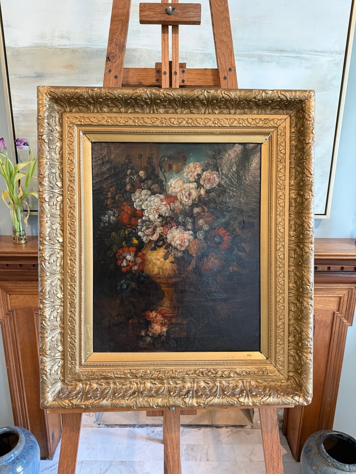 Antique Continental Floral Still Life in Urn, Oil on Canvas, 19th C., Gilt Frame