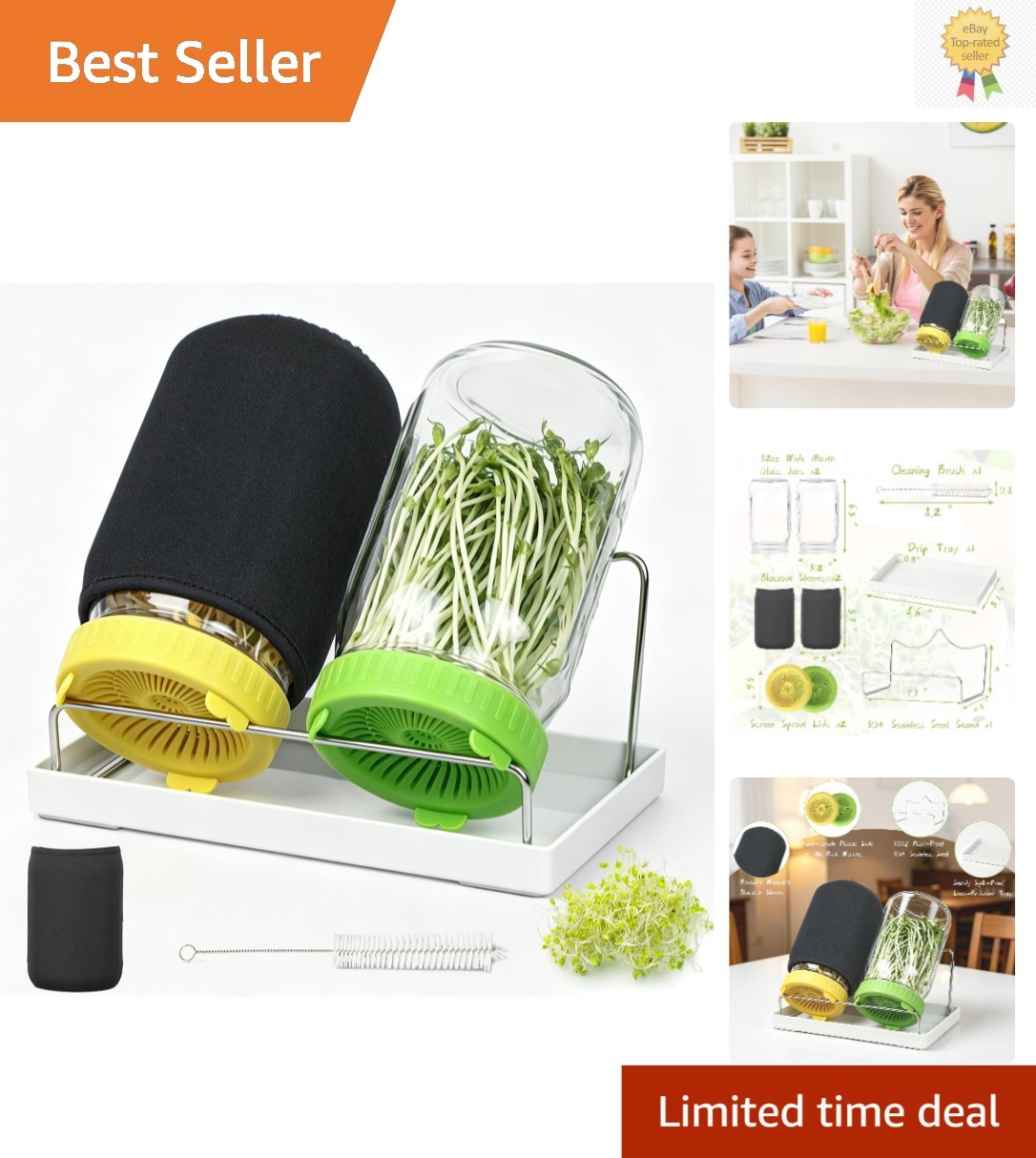 Kitmiido Seed Sprouting Kit, 2 Large Wide Mouth Mason Jars with Sprout Lids