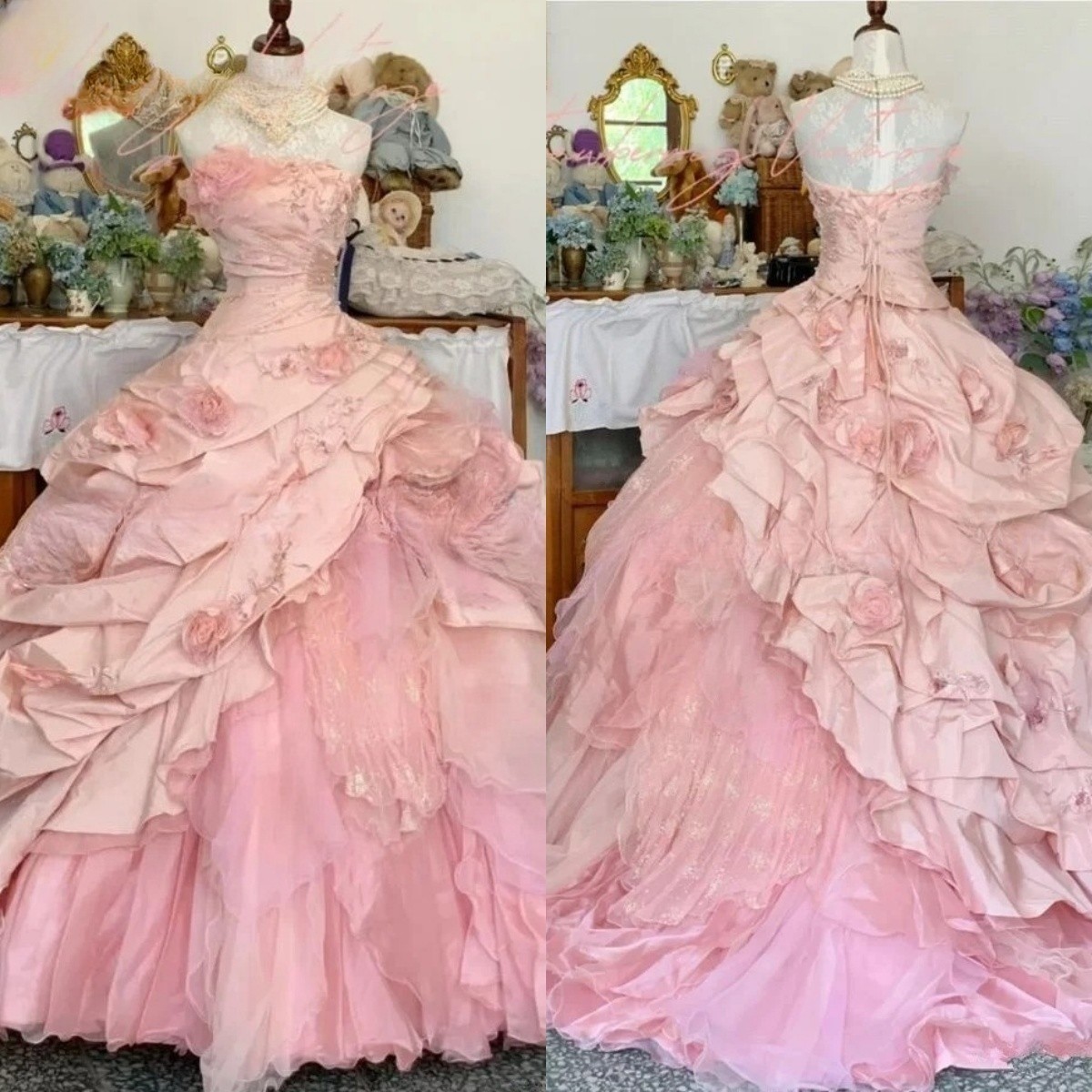 Strapless Pink 3D Floral Ruffle Tulle Lace Up Vintage Quinceanera Ball Gown