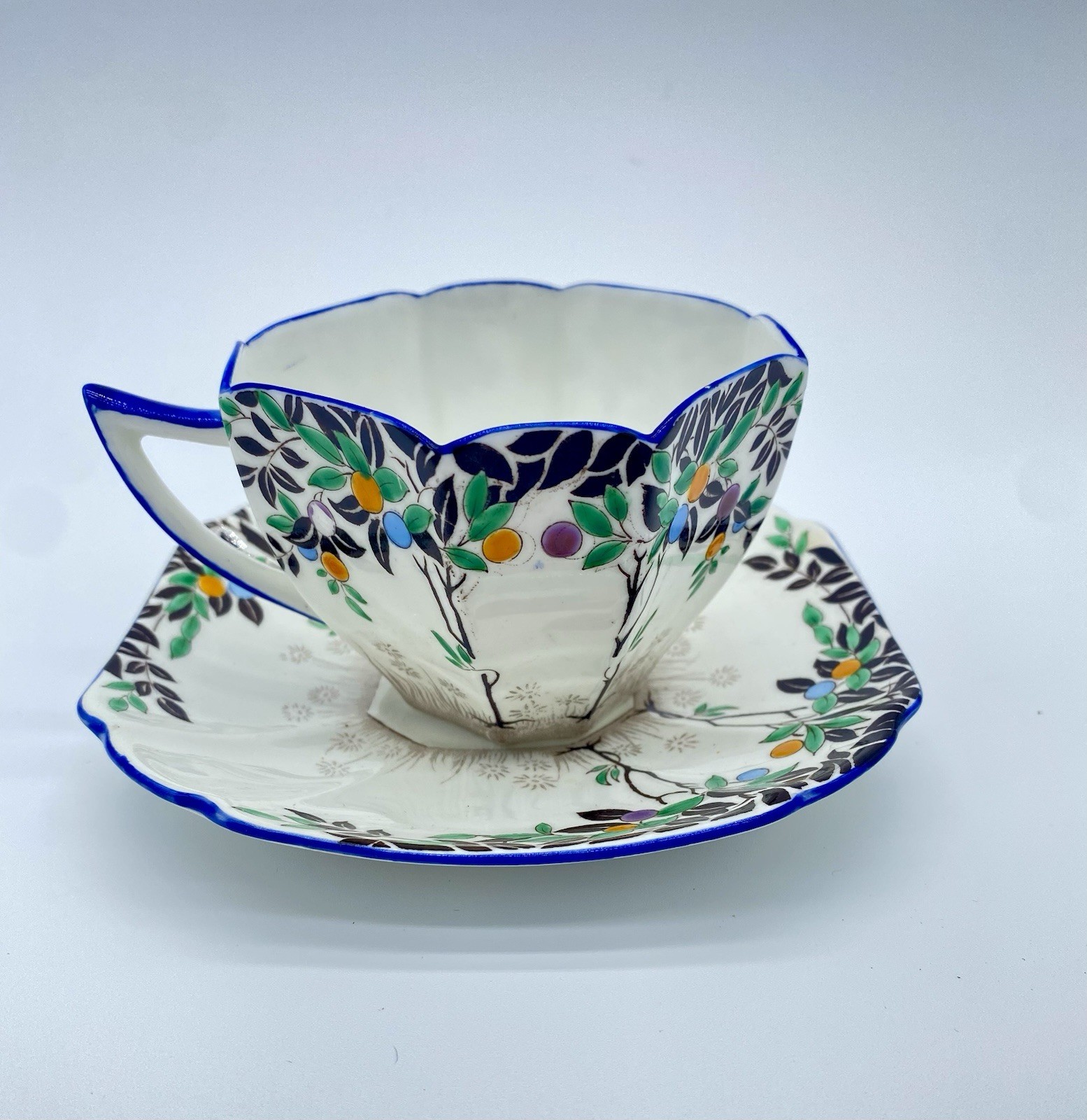 Shelley Queen Anne 11697 Black Trees COBALT Trim Tea Cup Saucer Art Deco HTF