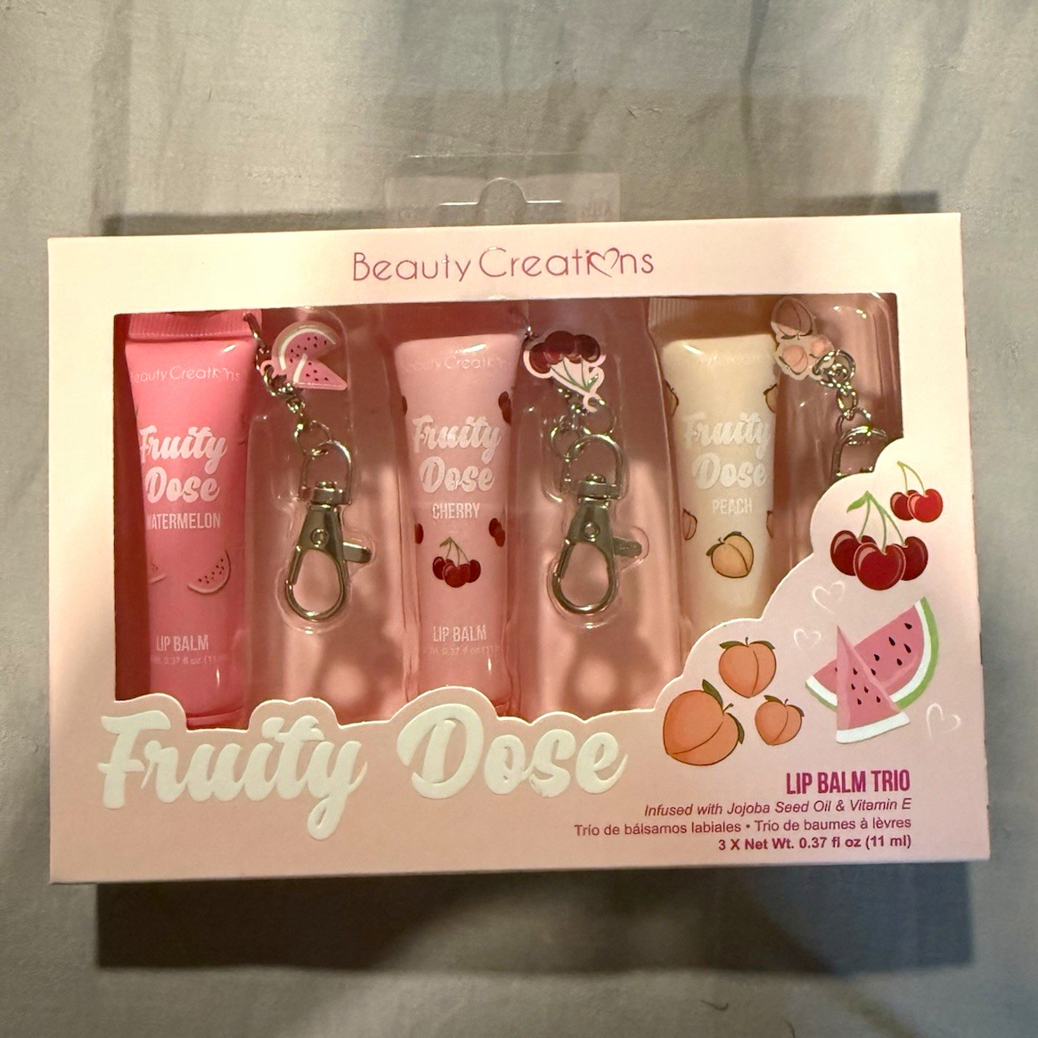 Beauty Creations Fruity Dose Lip Balm Trio Watermelon Cherry Peach Mini 0.37oz