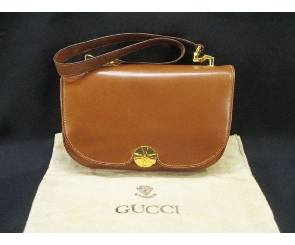 OLD GUCCI Vintage Shoulder Bag / Leather Camel Brown Crest Charm with Dust Bag