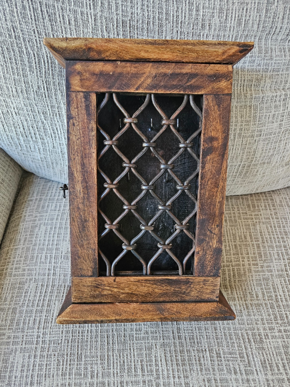 Antique 1955 Wood Wall-Mounted Key Box/House With Wrought Iron Facade 8 Key Hook