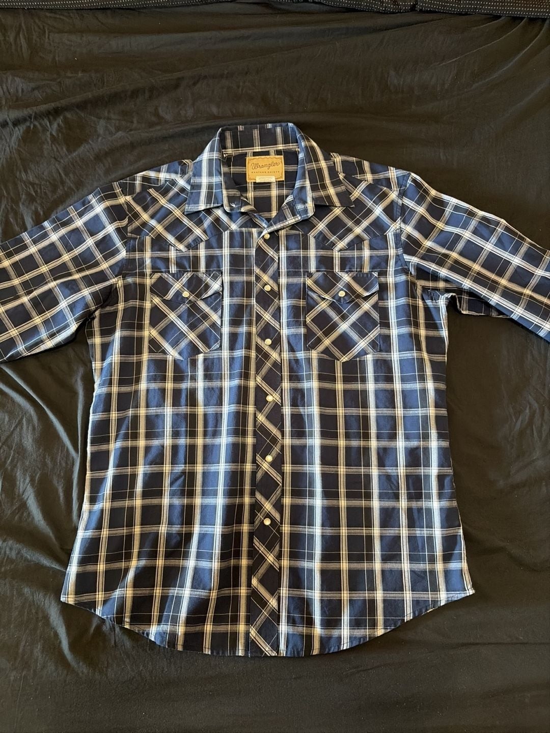 Wrangler Western Shirt Size L Blue Plaid Long Sleeve Pearl Snap