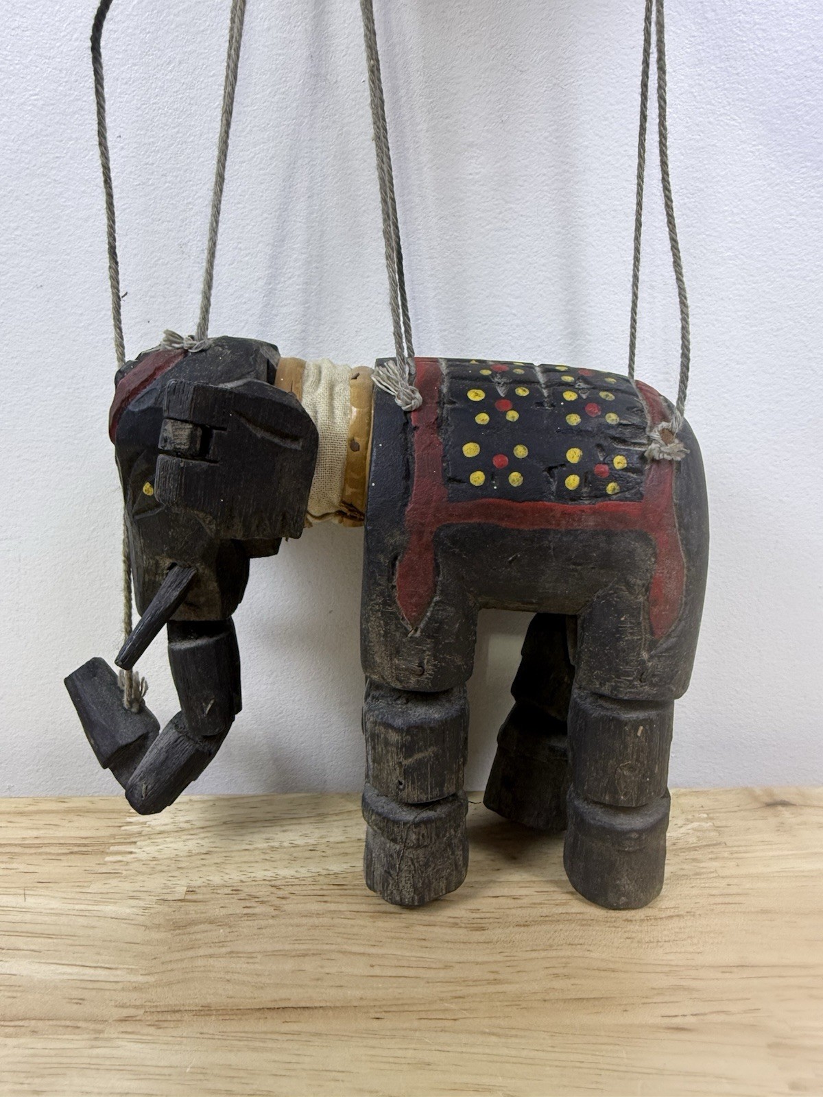 Vintage Hand Carved Indonesian Folk Art Wooden Jointed  Elephant Marionette