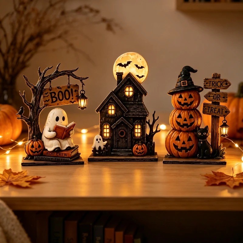 3pc Halloween Decor Set Haunted House Ghost Pumpkin Tabletop Statue Centerpiece