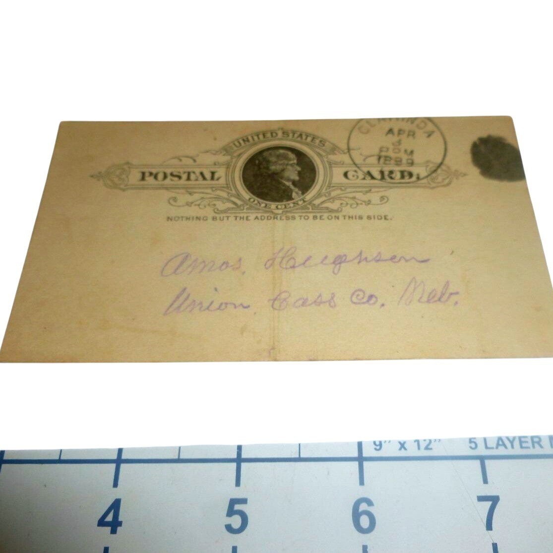 Antique 1889 US Postal Card One Cent Jefferson Clarinda IA to Union NE UX9 UX10