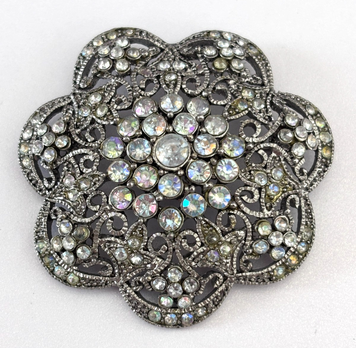 Vintage Art Deco AB Rhinestone Petal Brooch Pendant Bridal Accessory Star 1.75\