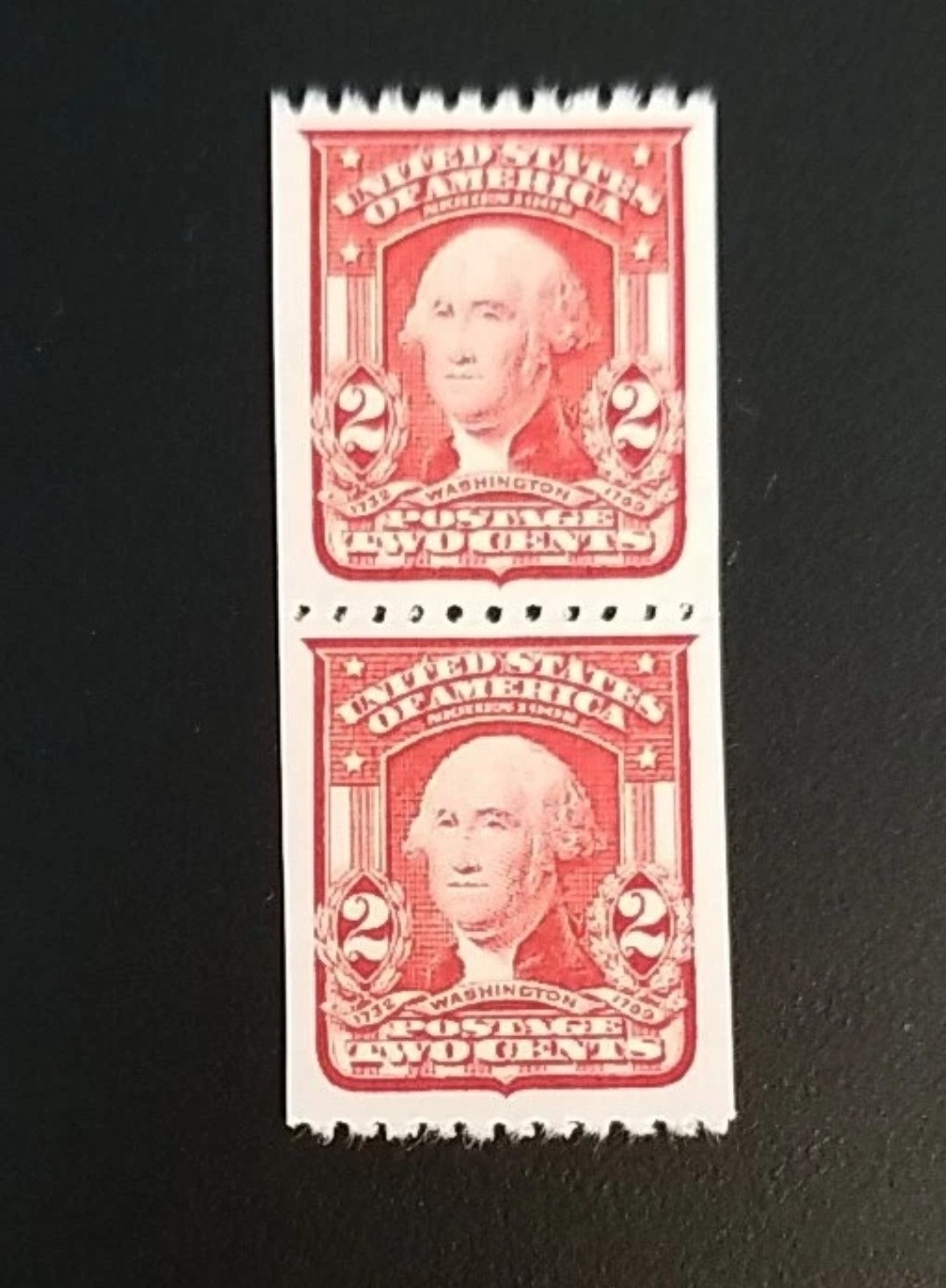 US Scott #321 1908 2c Washington Type I Coil Stamp Replica Pair