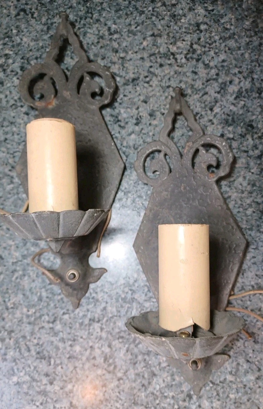 Pair Antique 1920s Spanish Revival Cast Iron Wall Sconce Lights As Found Pair Antique 1920s Spanish Revival Cast Iron Wall Sconce Lights As Found