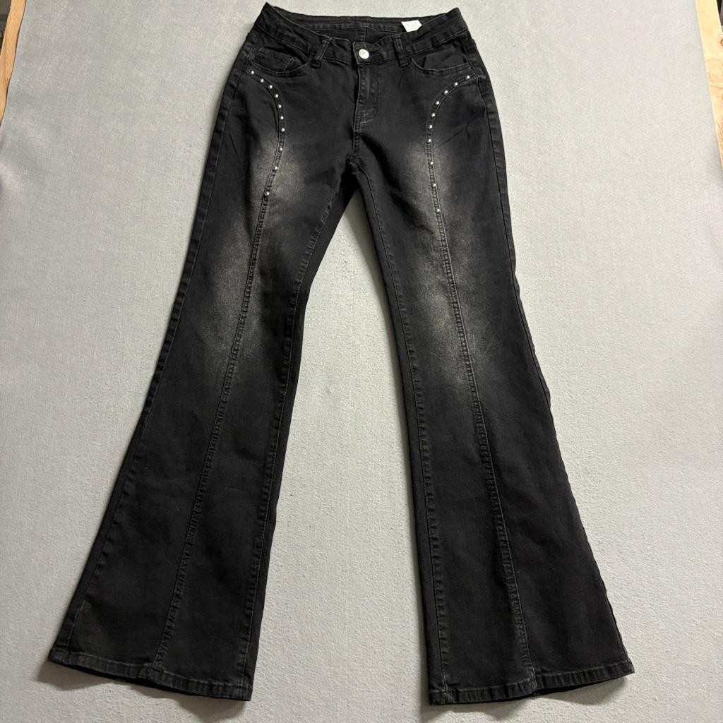 Shein Women Studded Flare Jeans Black Denim Size 30 High Rise Y2K Boho Stretch