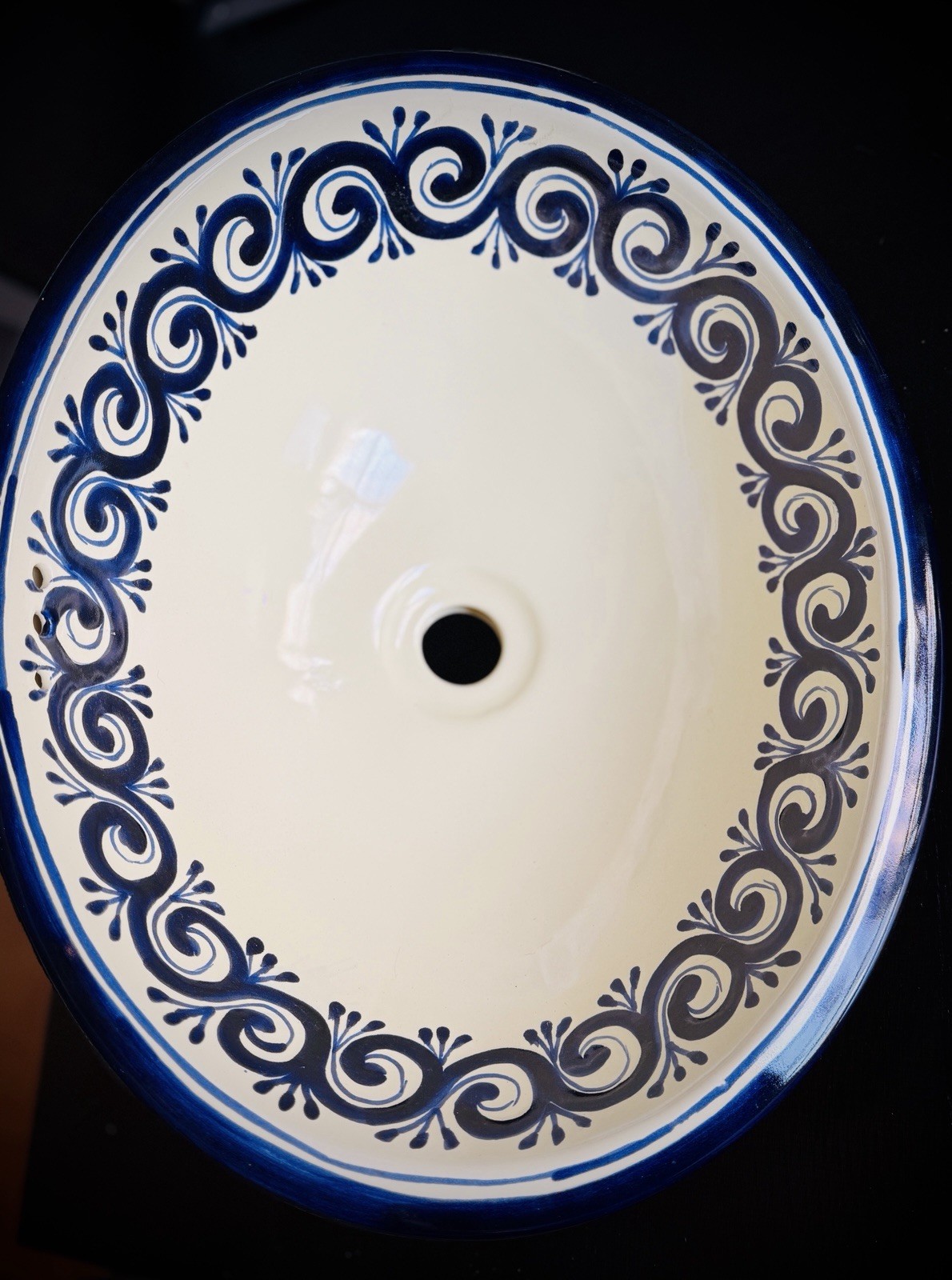Hand Painted Talavera Style Bathroom Sink Mexico Blue Scroll Oval Drop In NOS