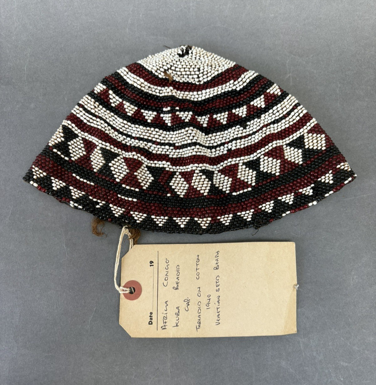 SMALL ANTIQUE AFRICAN TRIBAL ART BEAD WORK BEADED BEADS HAT CAP W OLD LABEL RARE