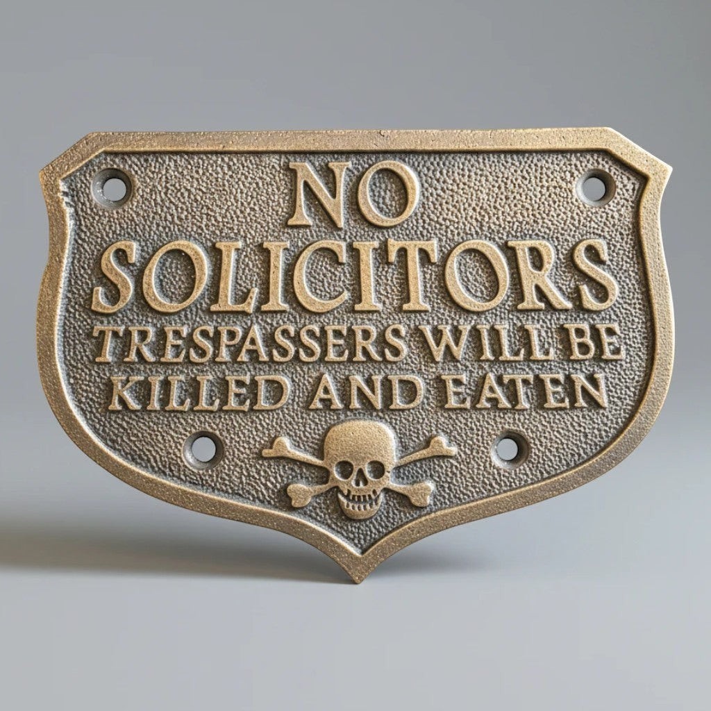 Pirate Skull No Solicitors Solid Brass Embossed Plaque