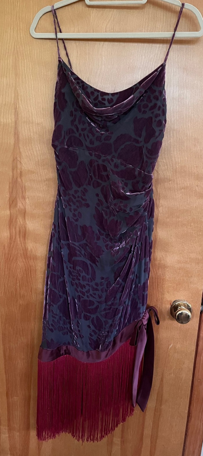 Kay Unger cowelneck velvet asymmetrical fringe sleeveless satin bow dress size 6