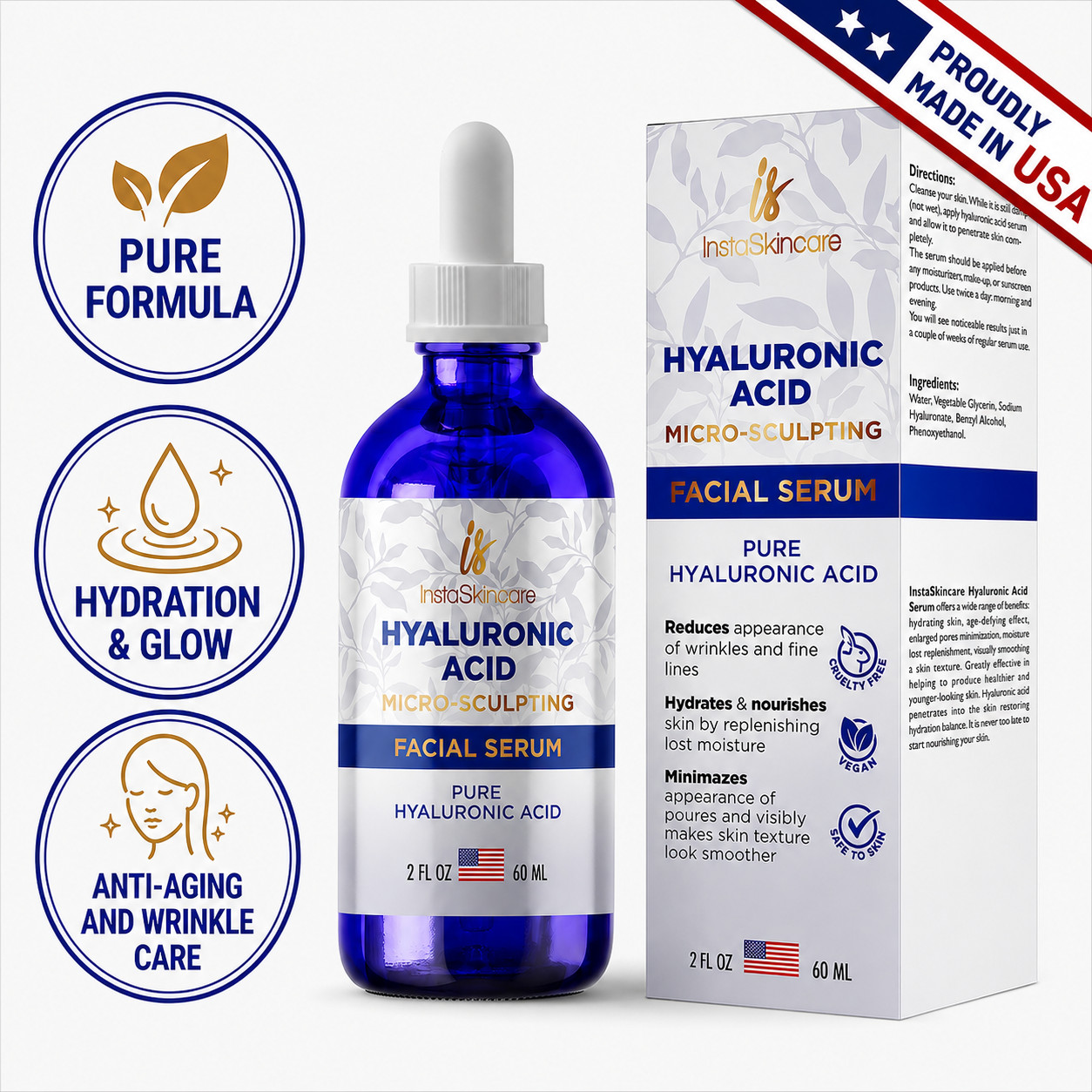 Hyaluronic Acid Serum for Face Anti-aging Wrinkles 100% Pure Medical Formula 2oz