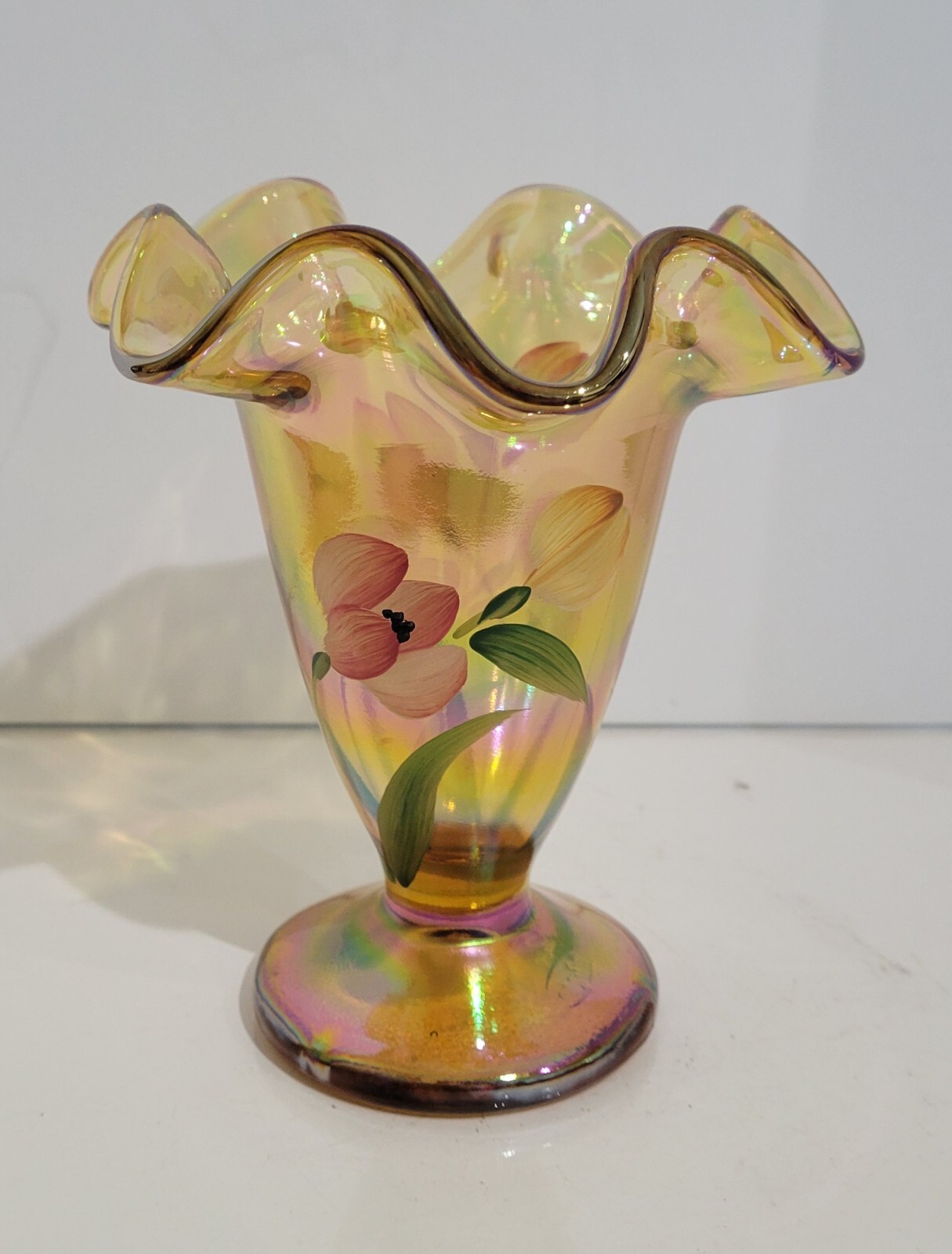 Vintage Fenton Iridescent Autumn Gold Vase, Hand Painted & Signed D Fenton