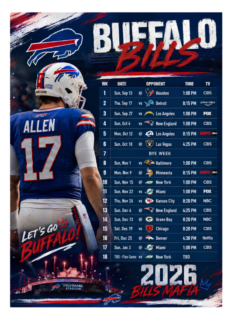 Buffalo Bills Josh Allen 2026-27 Magnetic Schedule. 5x7