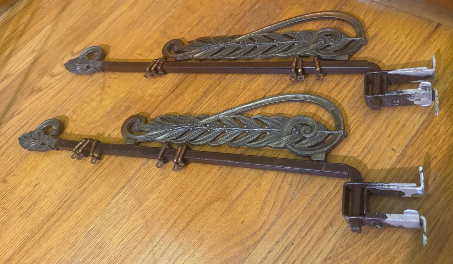 Set Of 2 Antique Art Deco Swing Arm Curtain Rods W Brackets Feather Cast Iron