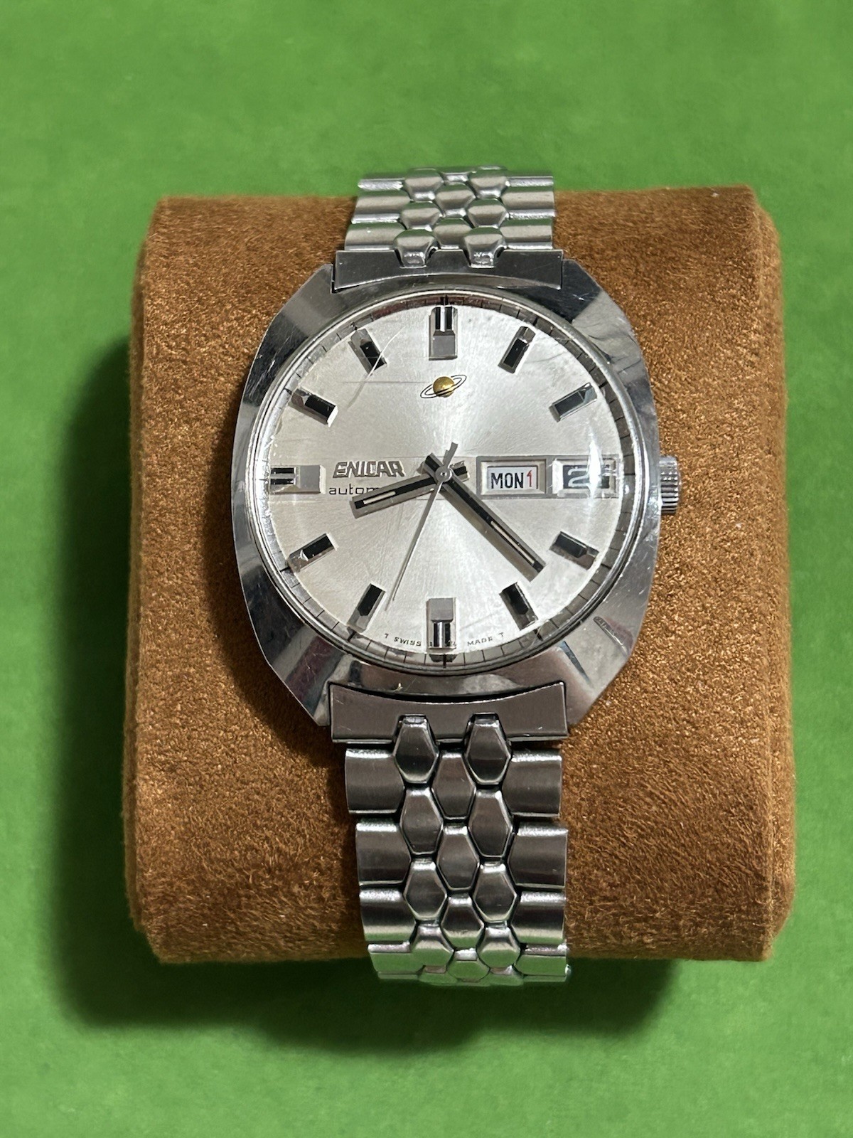 Vintage Enicar Ocean Pearl Automatic Day Date Swiss Watch 1970s Beads of Rice