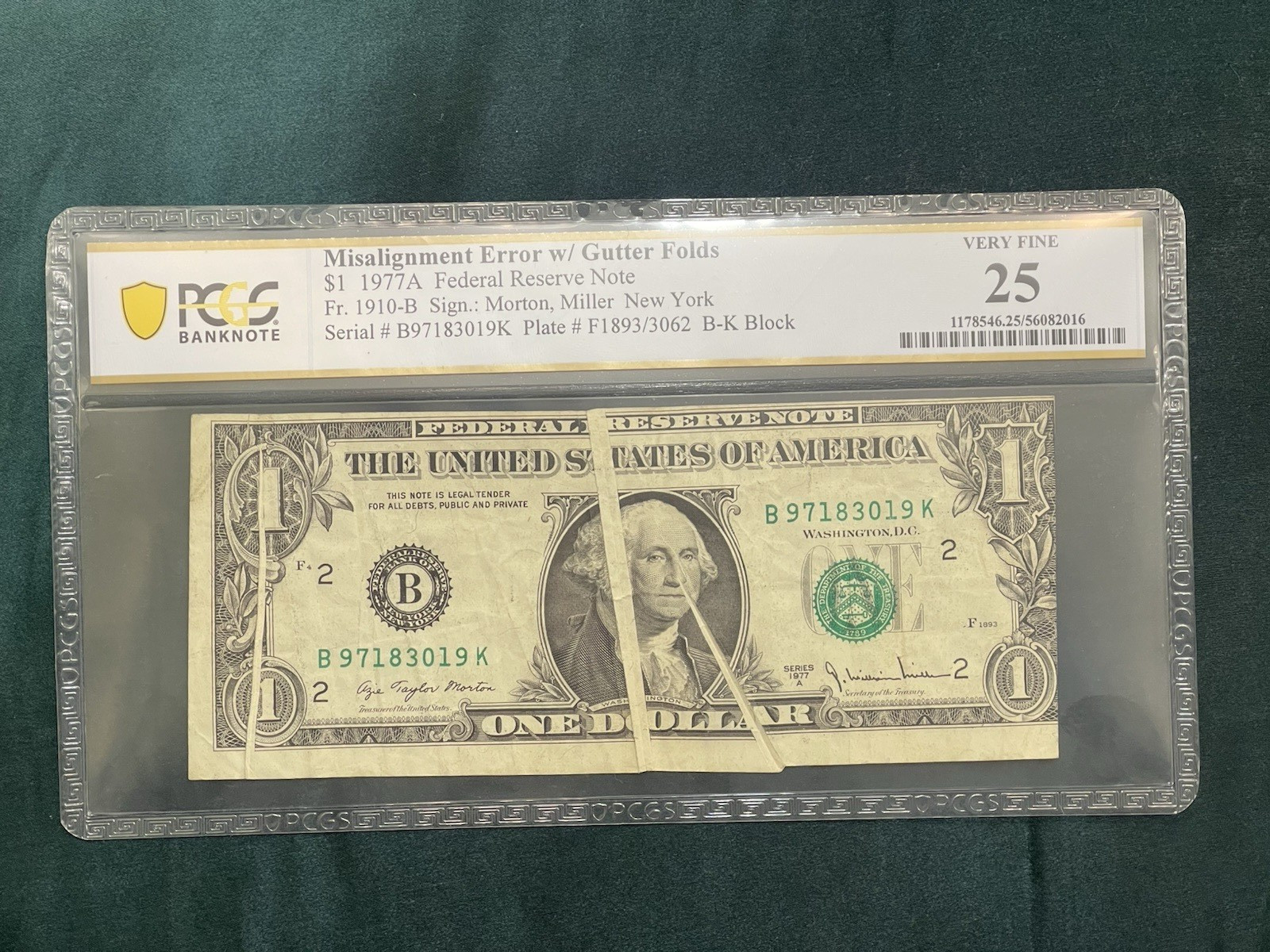 $1 1977 PCGS 25 Misalignment Error 2 Vertical 1 Diagonal Gutter Fold Errors
