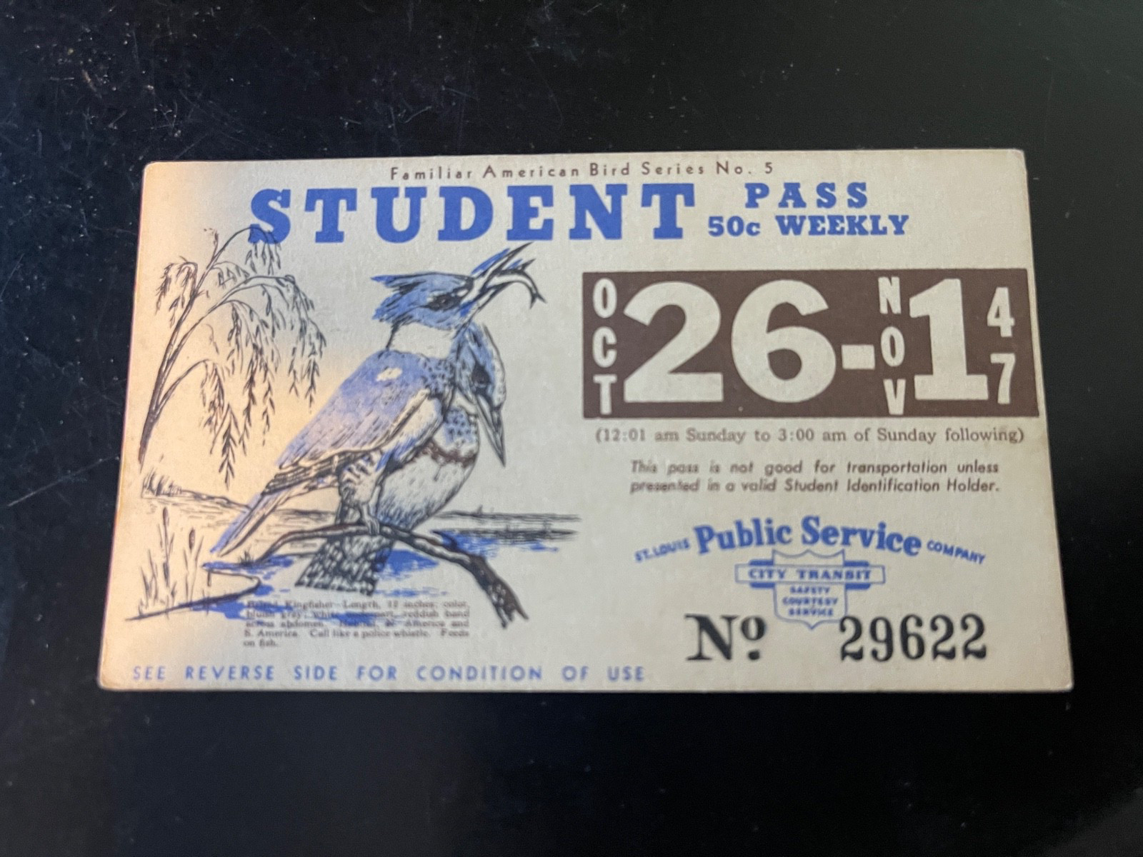 trolley street car pass ticket st. Louis Public service 1947 student pass