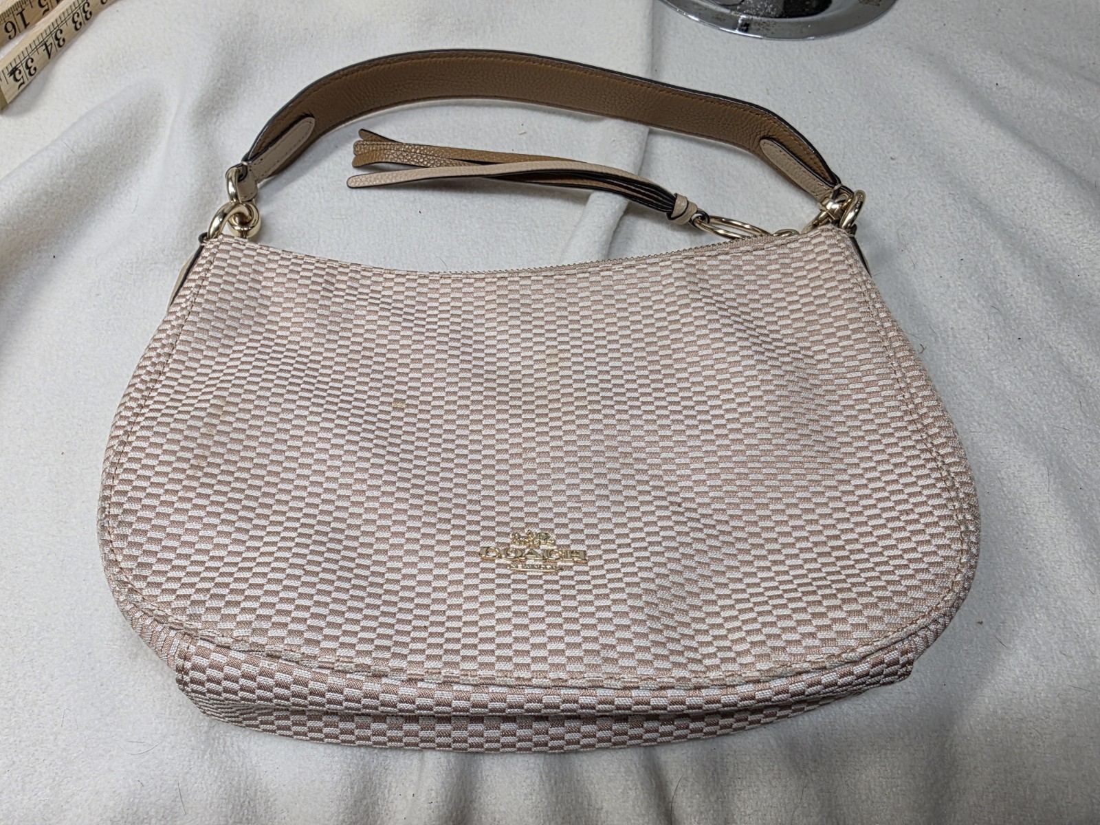 Coach Legacy Jacquard Sutton Biege Crossbody Hobo Handbag 67367