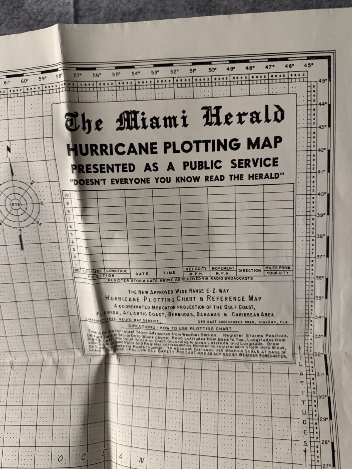 Vintage 1960s-1970s Miami Herald Hurricane Plotting Map double sided Vintage 1960s-1970s Miami Herald Hurricane Plotting Map double sided