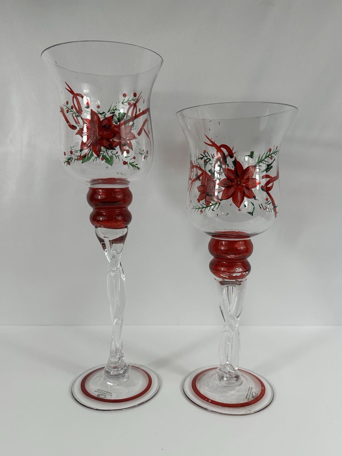 Vintage Hand Painted Poinsettia Candle Holders Christmas Seasonal 