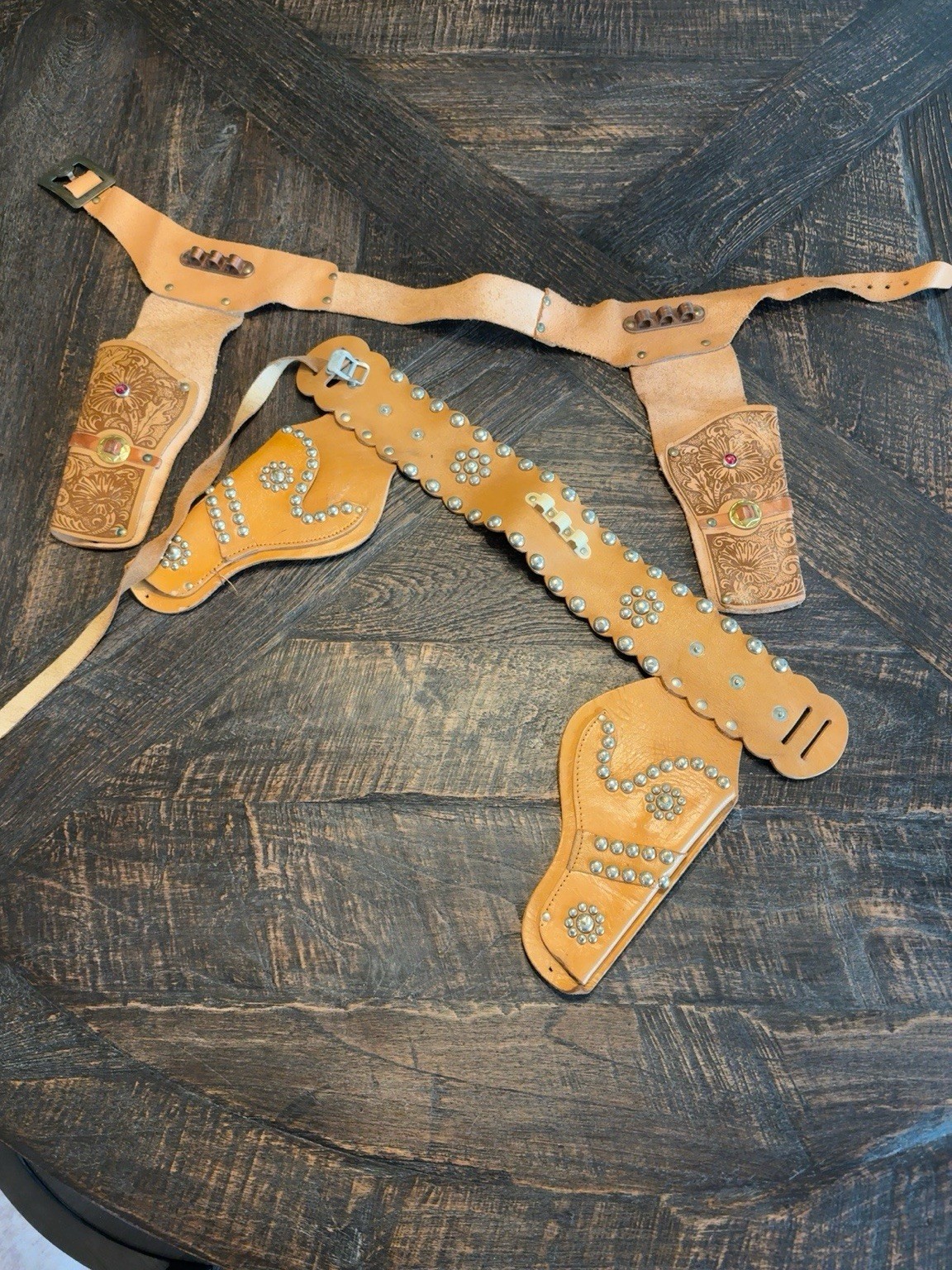 Vintage Child’s Leather Western Cowboy Holster Belt Set Studded Tooled Floral