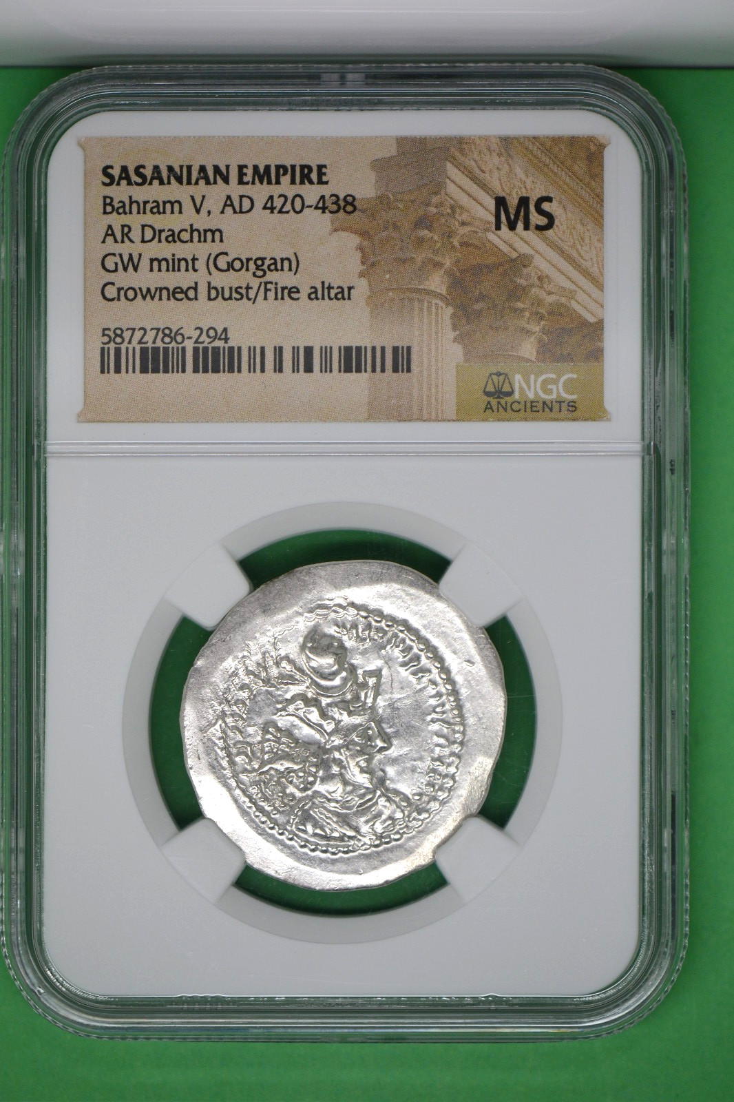 SASANIAN KINGDOM. Bahram V (Vahram) (AD 420-438). AR drachm (28mm, 3h). NGC MS.