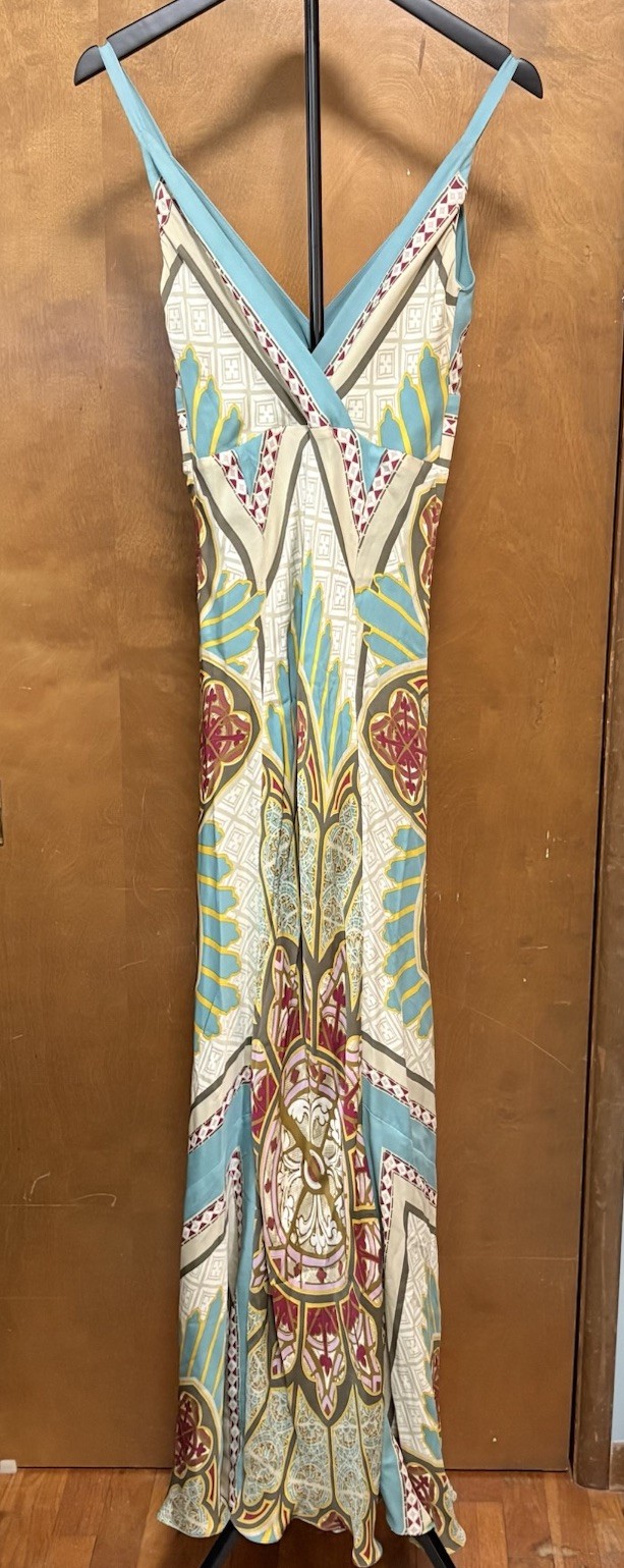 Nicole Miller Collection 100% Silk Maxi Dress 4 Scarf Print Boho Y2K Resort Vtg