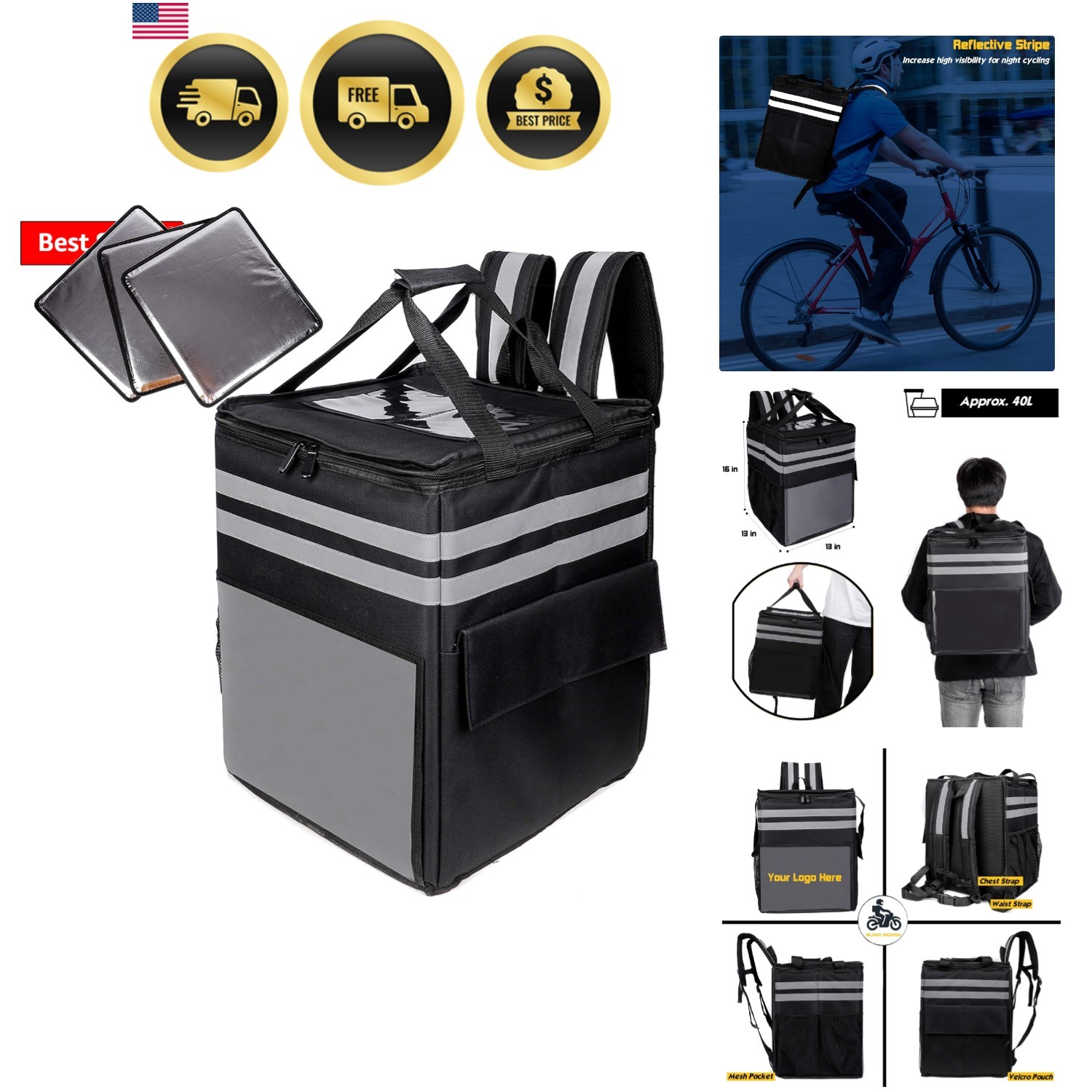 XL Insulated Pizza Delivery Backpack, Thermal Food Delivery Bag with 3 Divide...